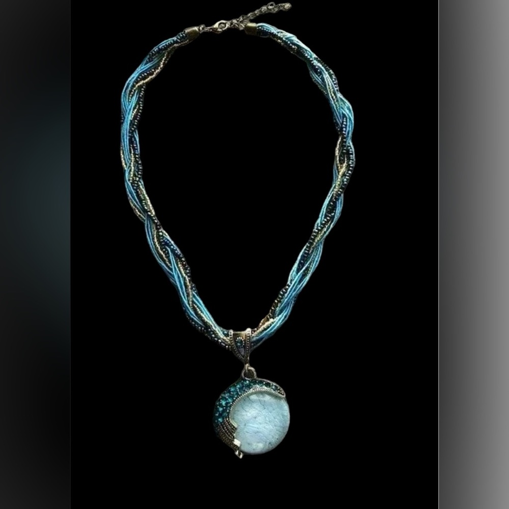 Vintage Bohemian Style Twist Woven Rope Turquoise Color Rhinestone Necklace NEW